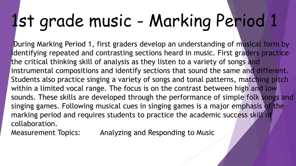 1st grade music marking period 1 during marking
