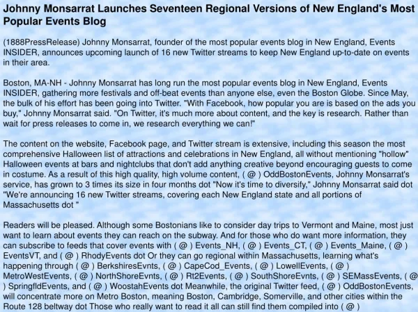 Johnny Monsarrat Launches Seventeen Regional Versions of New