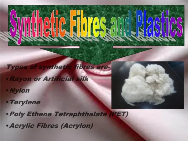 Types of synthetic fibres are- Rayon or Artificial silk Nylon Terylene Poly Ethene Tetraphthalate PET Acrylic Fibres Ac