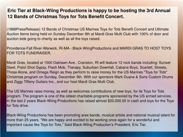 Eric Tier at Black-Wiing Productions is happy to be hosting