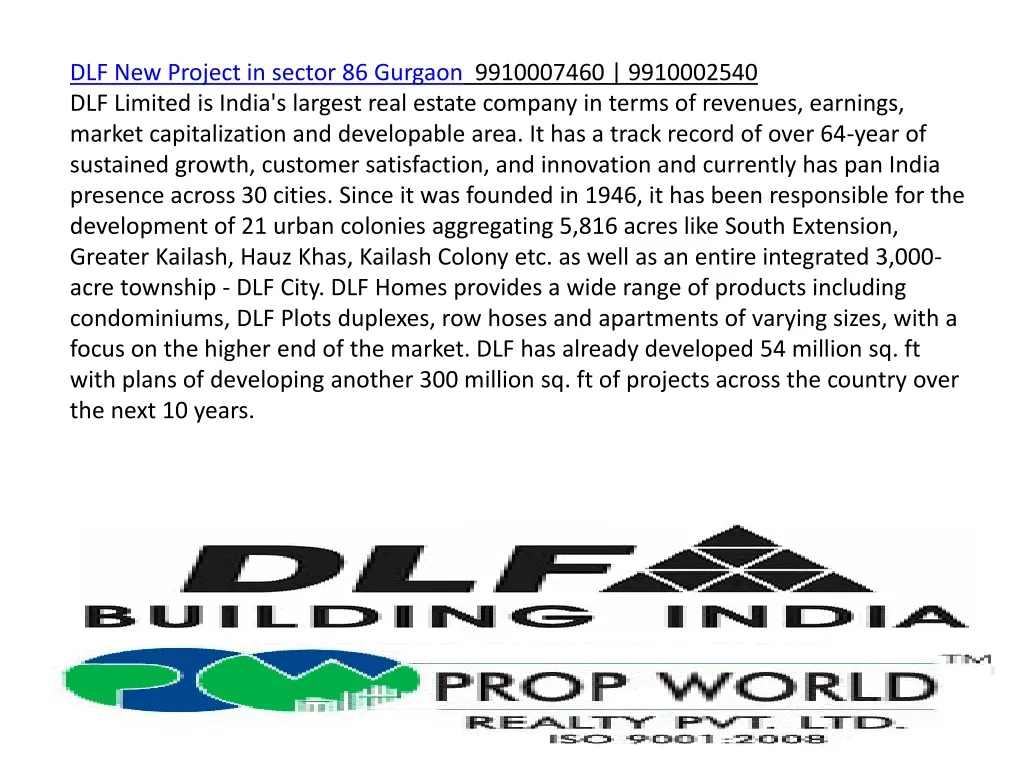 dlf new project in sector 86 gurgaon 9910007460