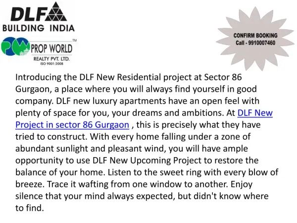 DLF New Project Sector 86 Gurgaon 9910007460,9910002540