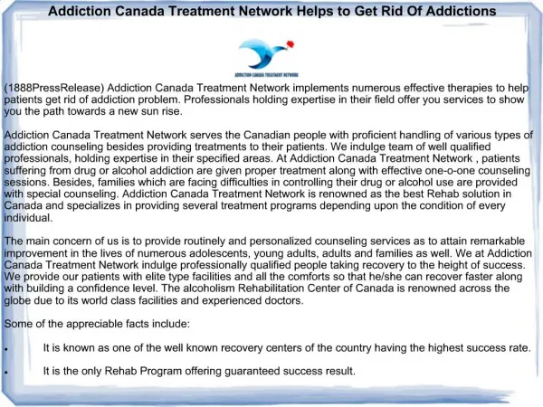 Addiction Canada Treatment Network Helps to Get Rid Of Addic