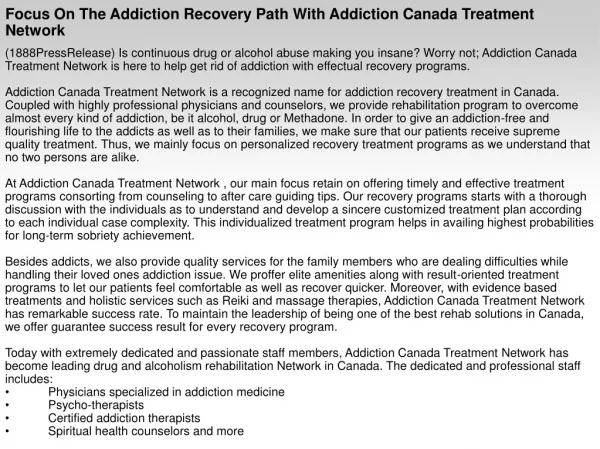 Focus On The Addiction Recovery Path With Addiction Canada T