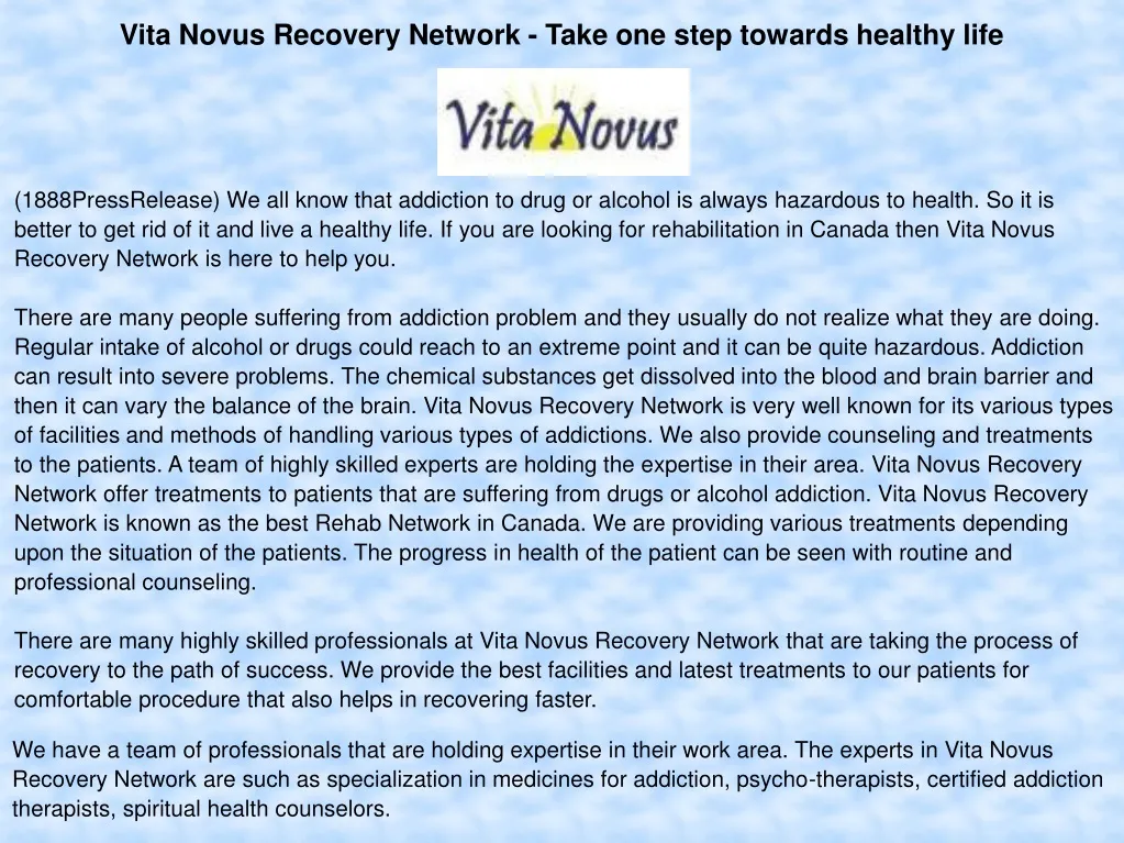 vita novus recovery network take one step towards