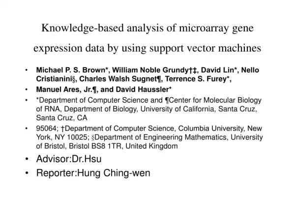 Knowledge-based analysis of microarray gene expression data by using support vector machines