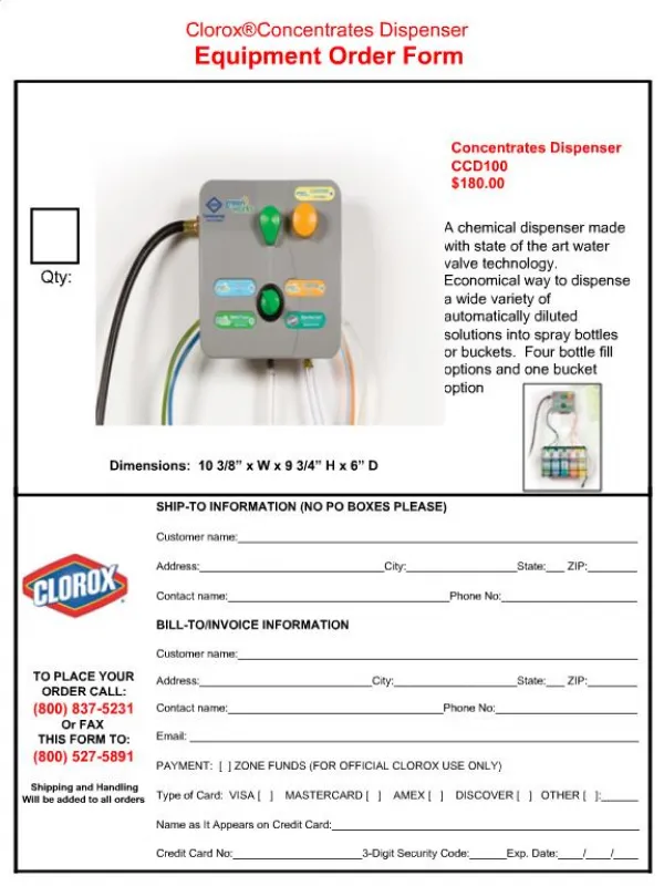 Clorox Concentrates Dispenser Equipment Order Form