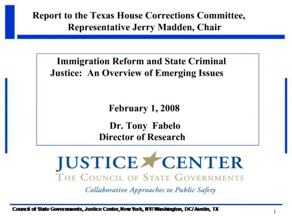 Report to the Texas House Corrections Committee, Representative Jerry Madden, Chair