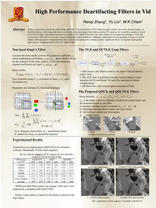 High Performance Deartifacting Filters in Video Compression Renqi Zhang1, Yu Liu2, W.K.Cham1 1Department of Electroni