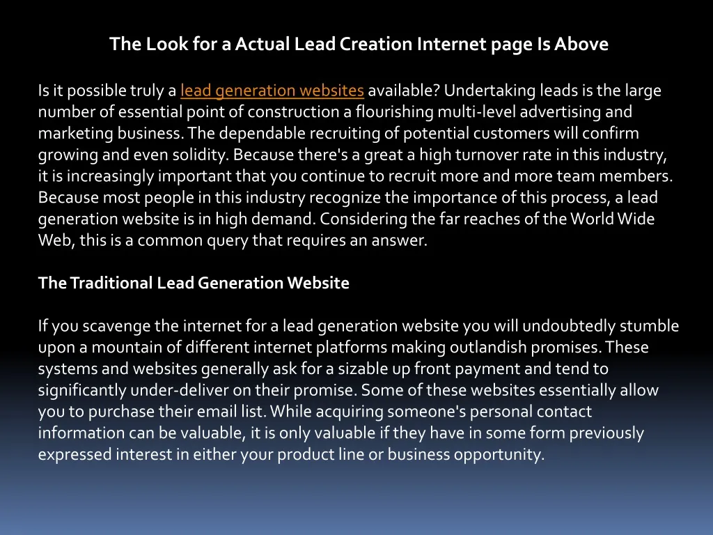 the look for a actual lead creation internet page