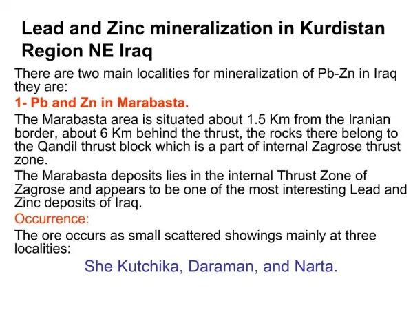 Lead and Zinc mineralization in Kurdistan Region NE Iraq