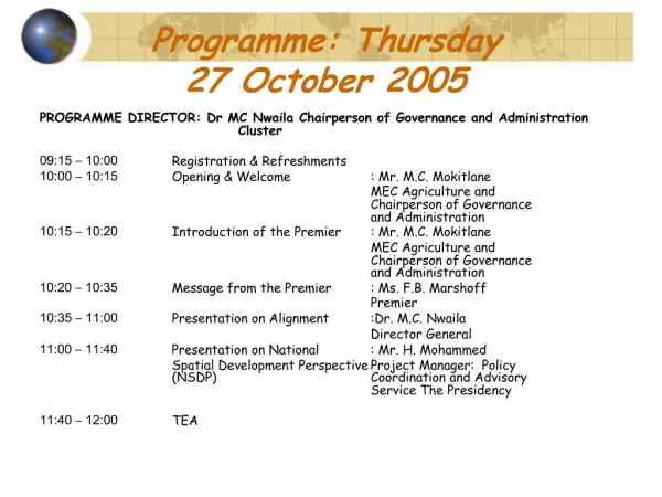 Programme: Thursday 27 October 2005