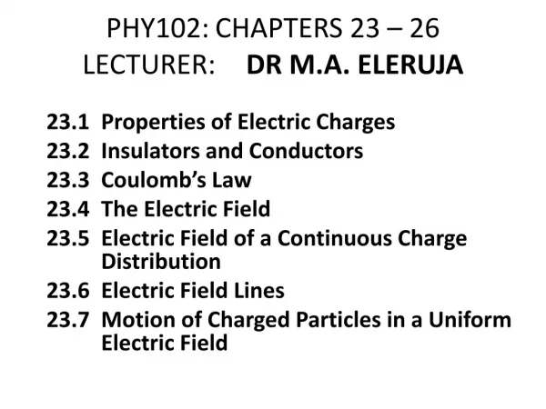 PHY102: 	CHAPTERS 23 – 26 LECTURER: DR M.A. ELERUJA