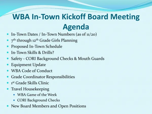 WBA In-Town Kickoff Board Meeting Agenda