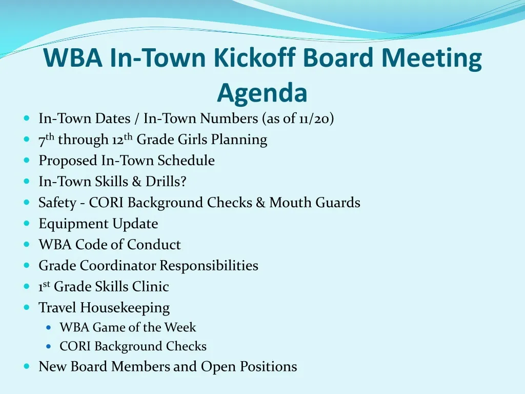 wba in town kickoff board meeting agenda