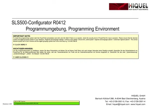 SLS500-Configurator R0412 Programmumgebung, Programming Environment