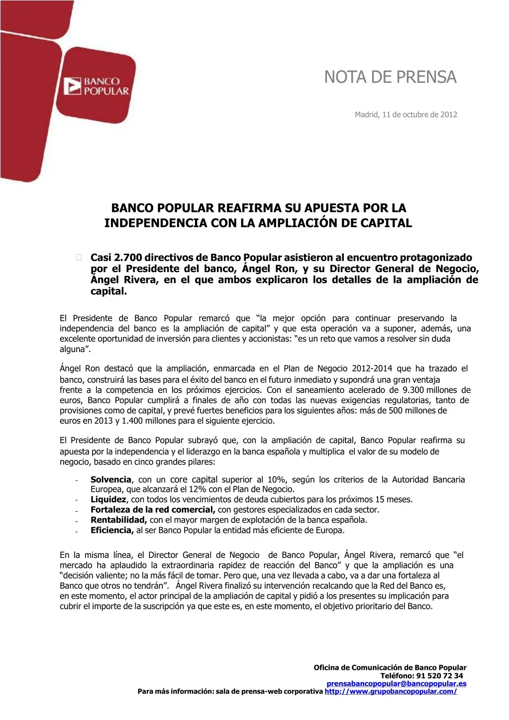 nota de prensa madrid 11 de octubre de 2012 banco