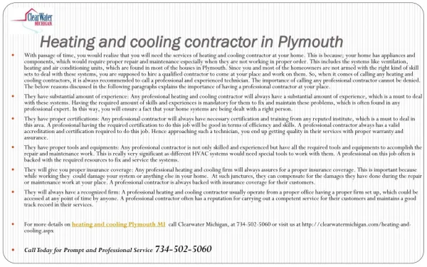 Heating and Cooling Contractor Plymouth MI