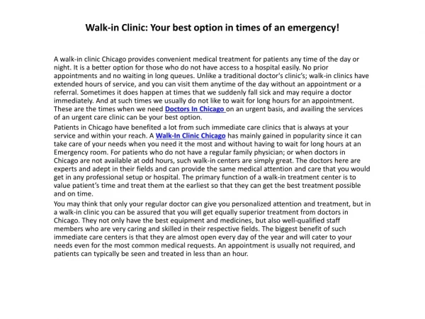 Walk-in Clinic: Your best option in times of an emergency!