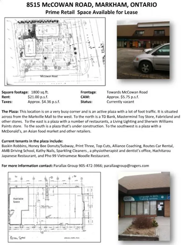 8515 McCOWAN ROAD, MARKHAM, ONTARIO Prime Retail Space Available for Lease