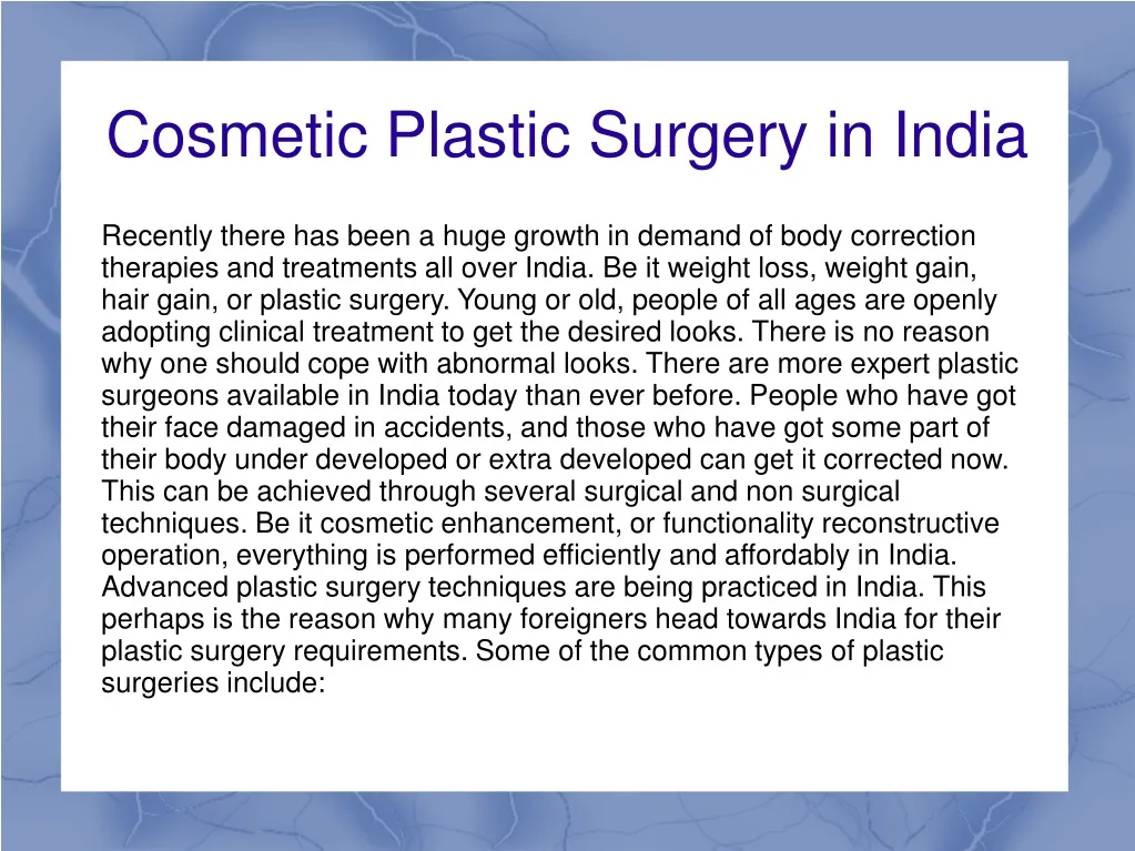 cosmetic plastic surgery in india
