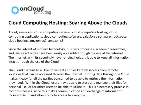 Cloud Computing Hosting: Soaring Above the Clouds About