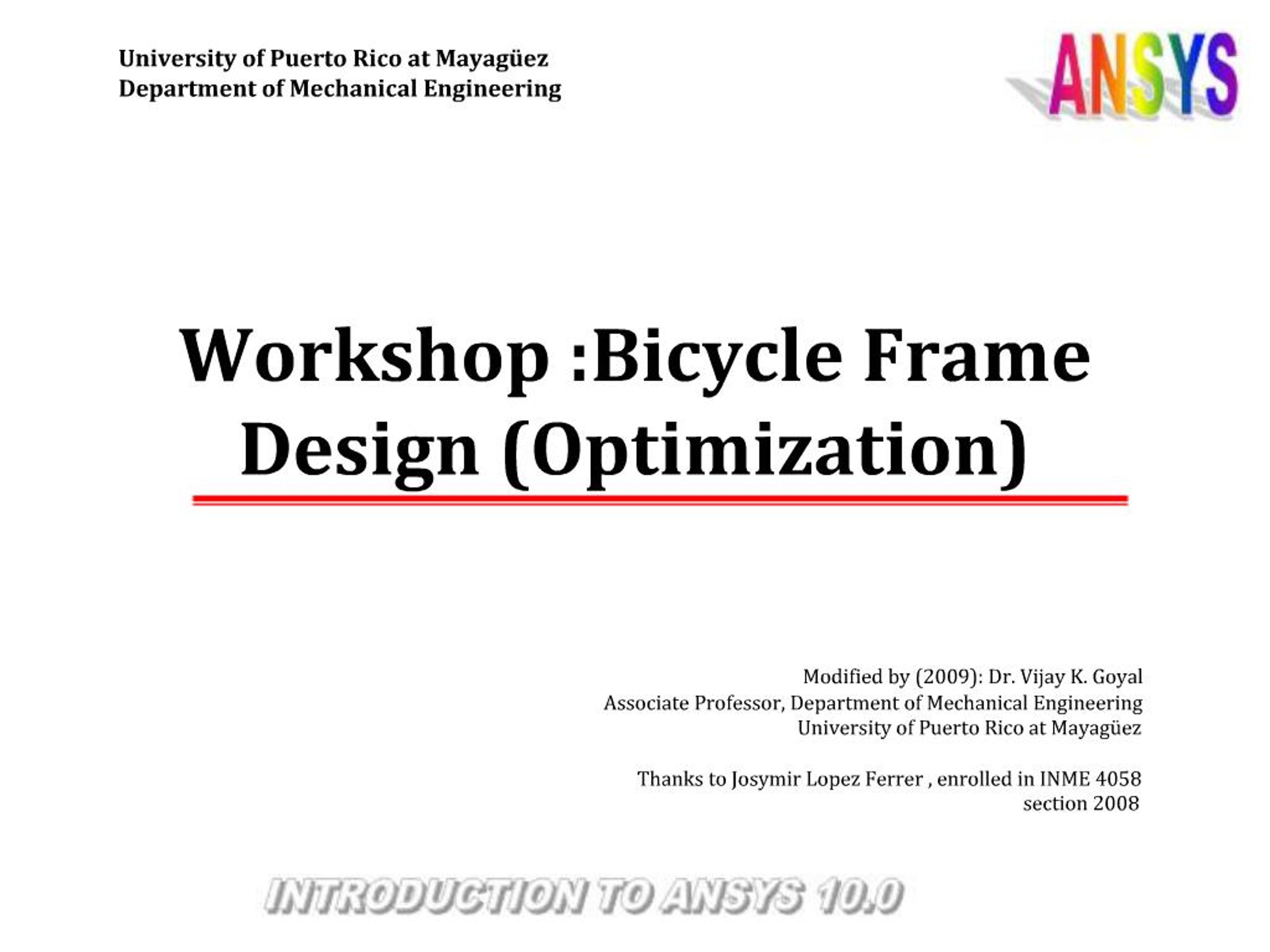 PPT - Workshop :Bicycle Frame Design Optimization PowerPoint ...