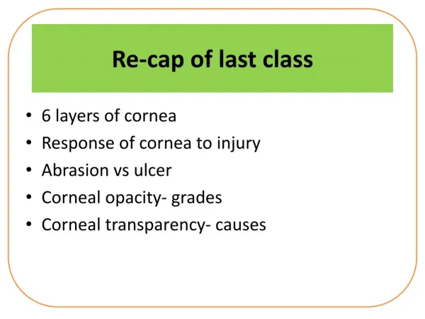 6 layers of cornea Response of cornea to injury Abrasion vs ulcer Corneal opacity- grades