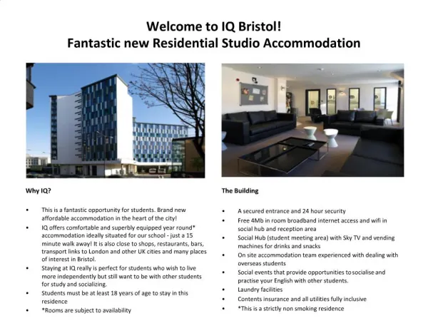 Welcome to IQ Bristol Fantastic new Residential Studio Accommodation