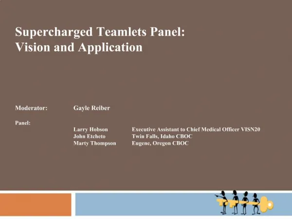 Supercharged Teamlets Panel: Vision and Application Moderator: Gayle Reiber Panel: Larry Hobson Executive A