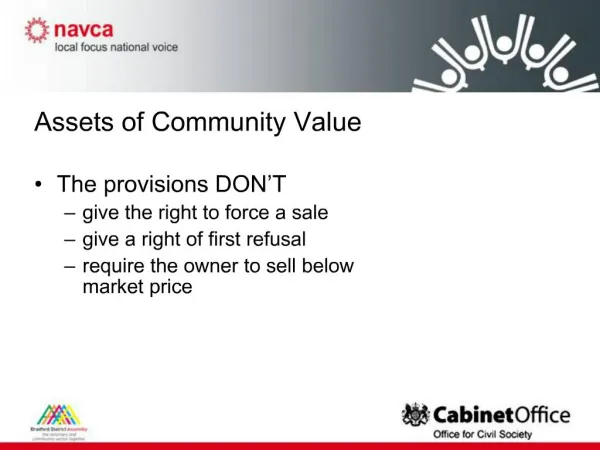 Assets of Community Value The provisions DON T give the right to force a sale give a right of first refusal require the