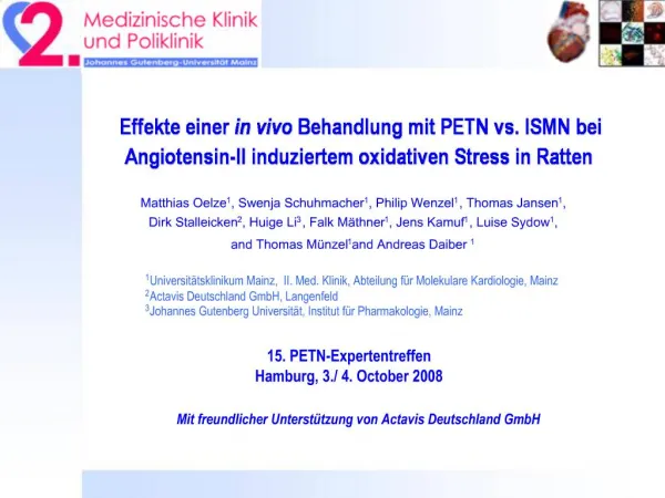 Effekte einer in vivo Behandlung mit PETN vs. ISMN bei Angiotensin-II induziertem oxidativen Stress in Ratten