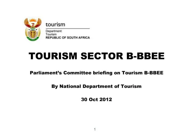 TOURISM SECTOR B-BBEE Parliament s Committee briefing on Tourism B-BBEE By National Department of Tourism 30 Oct 20