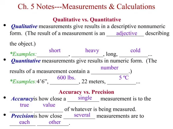 Ch. 5 Notes---Measurements Calculations