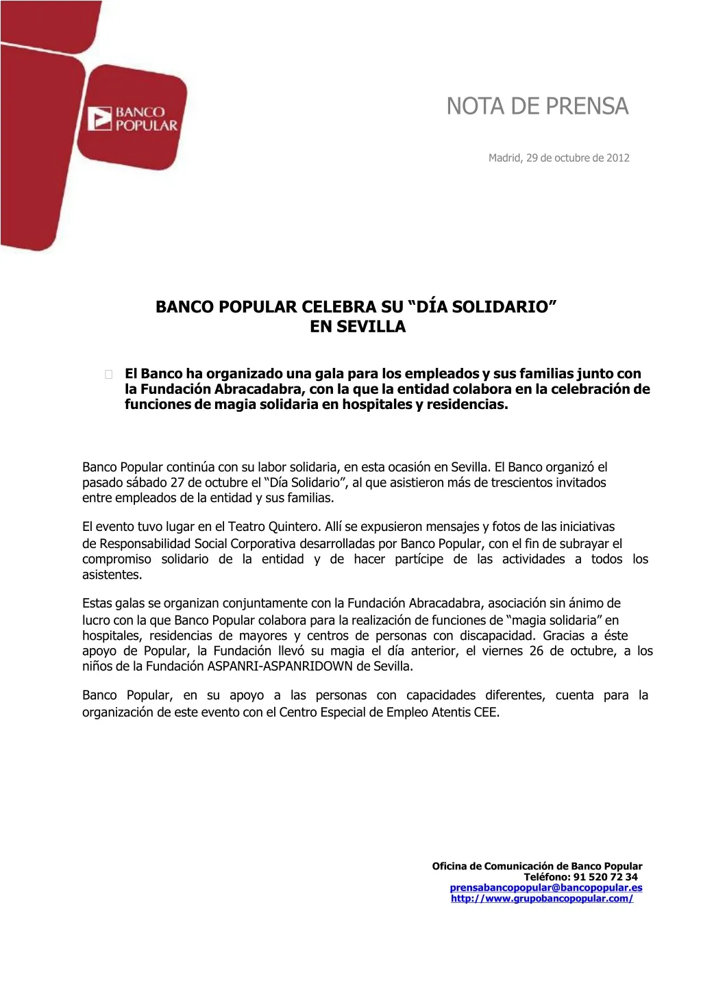 nota de prensa madrid 29 de octubre de 2012 banco