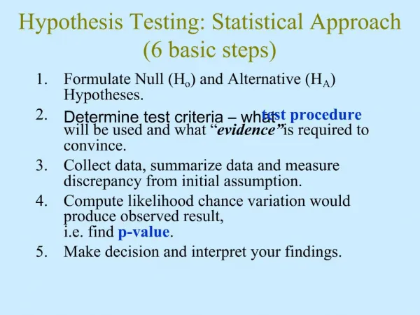 Hypothesis Testing: Statistical Approach 6 basic steps