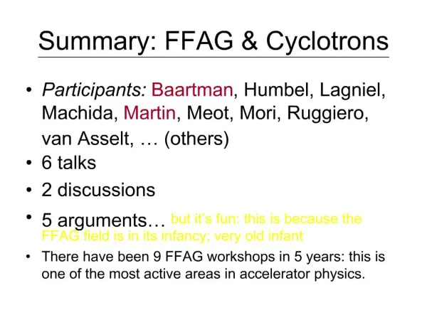 Summary: FFAG Cyclotrons