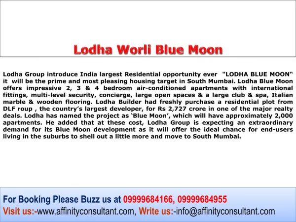 Lodha New Project Worli @ 09999684166
