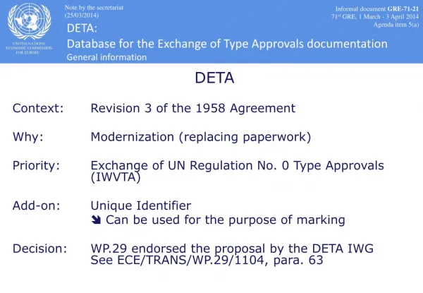 DETA Context:	Revision 3 of the 1958 Agreement Why:		Modernization (replacing paperwork)