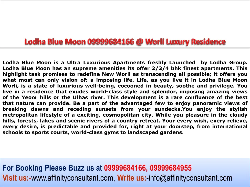 lodha blue moon 09999684166 @ worli luxury