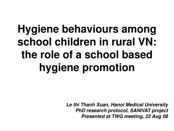 Le thi Thanh Xuan, Hanoi Medical University PhD research protocol, SANIVAT project