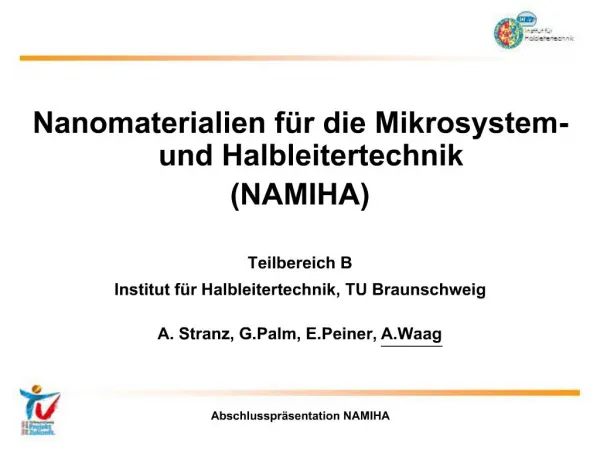 Nanomaterialien f r die Mikrosystem-und Halbleitertechnik NAMIHA Teilbereich B Institut f r Halbleitertechnik, TU Brau