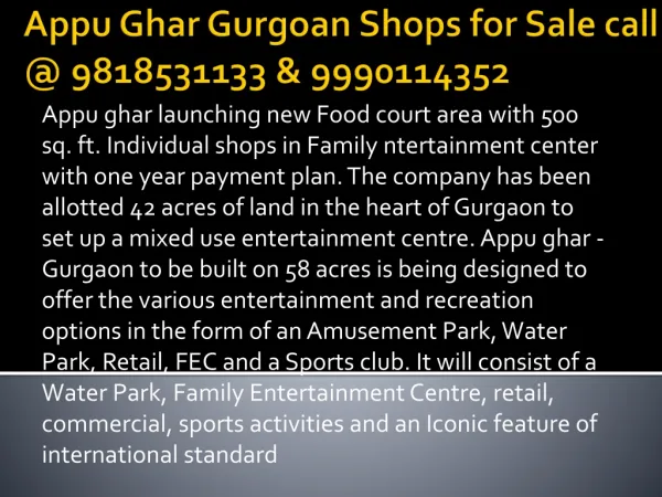 Appu Ghar Food Court Shops with 11% Assured Return in Gurgaon