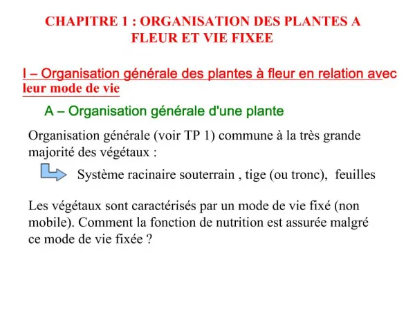 CHAPITRE 1 : ORGANISATION DES PLANTES A FLEUR ET VIE FIXEE