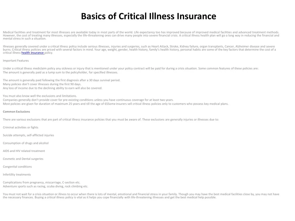 basics of critical illness insurance