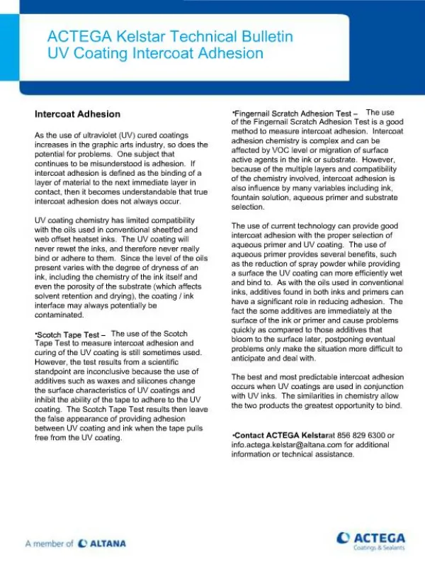 ACTEGA Kelstar Technical Bulletin UV Coating Intercoat Adhesion