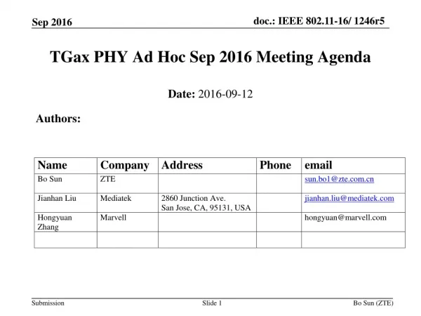 TGax PHY Ad Hoc Sep 2016 Meeting Agenda