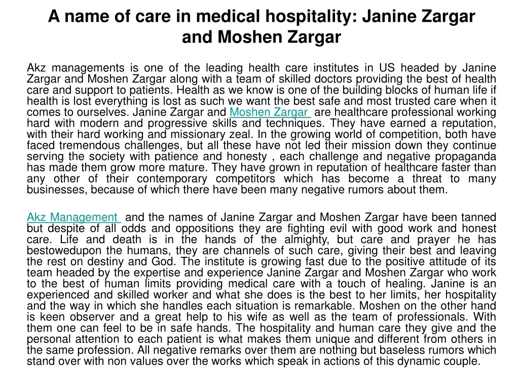 a name of care in medical hospitality janine zargar and moshen zargar