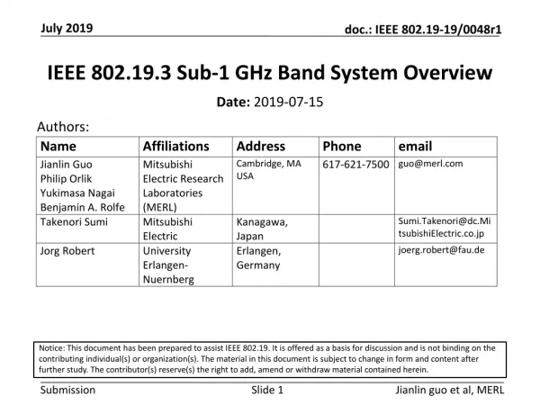 IEEE 802.19.3 Sub-1 GHz Band System Overview