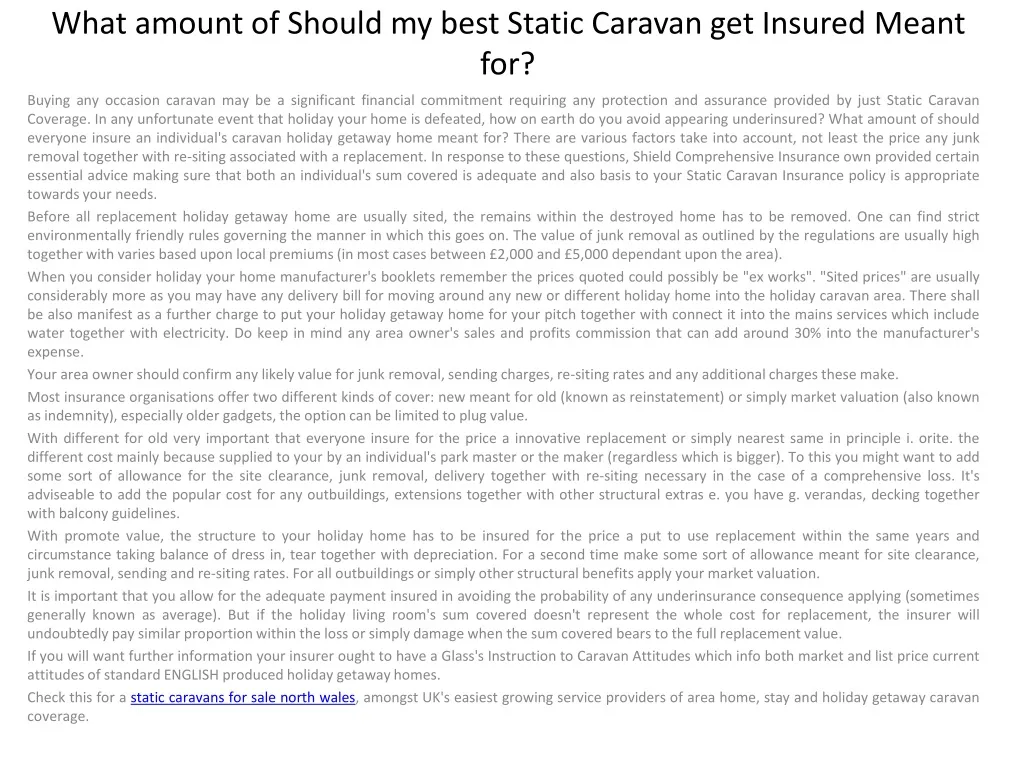 what amount of should my best static caravan get insured meant for